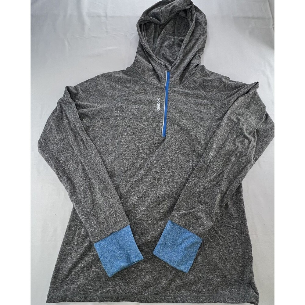 Reebok Womens 1/4 Zip Gray White Trimmed in Blue Long Sleeve Hooded Size L